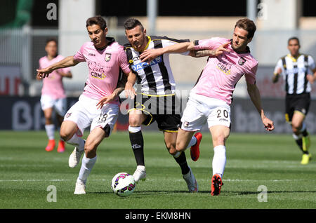 Udine, Italy. 12th April, 2015. Udinese's forward Cyril Thereau fights for the ball during the Italian Serie A football match between Udinese and Palermo on Sunday 12 March 2015 at Friuli Stadium. Credit:  Andrea Spinelli/Alamy Live News Stock Photo