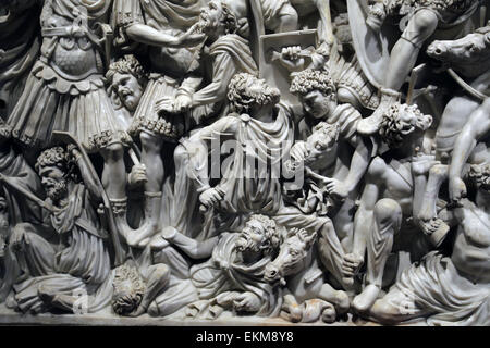 Ludovisi Battle sarcophagus. 3rd c. Roman. Battle scene between Romans and Goths. Barbarian warriors defeated. Altemps Palace. Stock Photo