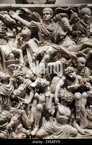 Ludovisi Battle sarcophagus. 3rd c. Roman. Battle scene between Romans and Goths. In the center with horse Hostilian. Stock Photo