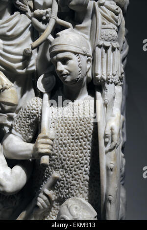Ludovisi Battle sarcophagus. 3rd. Roman era. Battle scene between Romans and Goths. Soldier wearing mail. Altemps Palace. Rome. Stock Photo