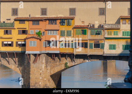 Florence bridge, view of colorful buildings built into the Ponte Vecchio in Florence, Tuscany, Italy. Stock Photo