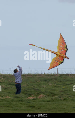 Wiltshire, UK. 12th April, 2015. UK Weather: Strong blustery winds high upon the landmark chalk White Horse above the town of Westbury. The strong winds did not stop many members of the public from visiting and making use of the weather to hike, walk pet dogs, fly kites and enjoy the stunning views across the Wiltshire vale.  The site is protected by English Heritage who maintain the ancient Iron Age hill fort seasonally by allowing grazing flocks of sheep to maintain favourable chalk grasses and scrub plants.   Credit:  Wayne Farrell/Alamy Live News Stock Photo