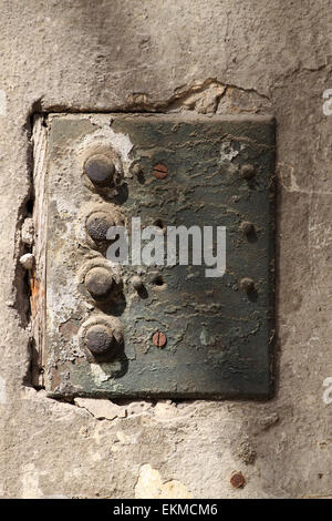 Vintage intercom in close up on a brick wall Stock Photo