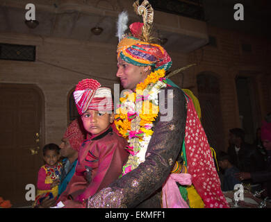Groom on a horse making his way to the wedding ceremony Jodhpur Stock Photo