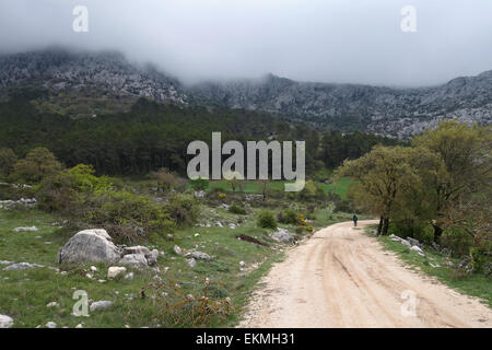Hiking trail in Scenic landscape, clouded limestone mountains,  Sierra los Camarolos, Andalusia, Southern Spain. Stock Photo