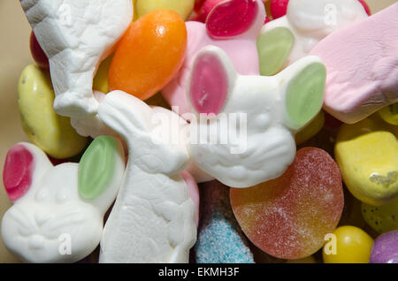 closeup of candy for easter with eggs and rabbits figures Stock Photo