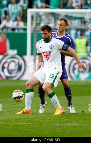 BUDAPEST, HUNGARY - MAY 7, 2016: Robert Litauszki (R) Of Ujpest FC