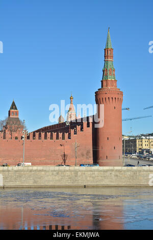 The Kremlin, Moscow. Battlement and towers of the Kremlin - winter cityscape in the center of Moscow. Stock Photo