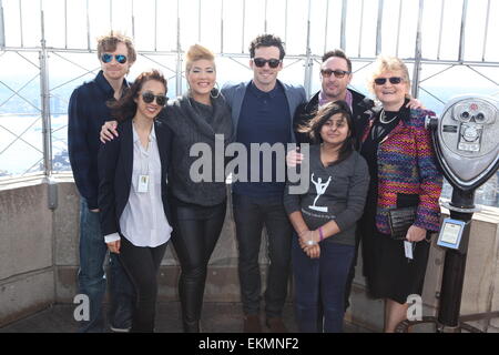 Musician and philanthropist Julian Lennon lights up The Empire State Building in purple for The Lupus Foundation  Featuring: From L to R,Jed Whedon,Maurissa Tancharoen,Tessanne Chin,Ian Harding,Julian Lennon,Amarissa Mauricio,prof Dr Iris Loew-Friedrich Where: New York City, United States When: 08 Oct 2014 Stock Photo