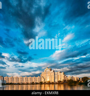 White Building In Old Part Minsk, Downtown Nyamiha, Nemiga View With Svisloch River, Belarus Stock Photo