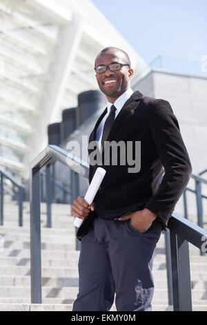 happy black businessman documents handling Stock Photo