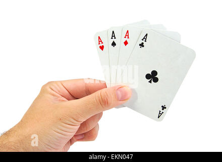 Hand with four aces isolated on white background Stock Photo