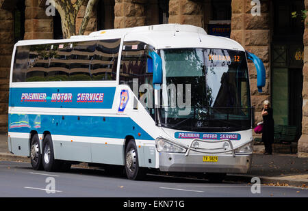 Long distance bus service in Australia: A Pioneer Motor Services coach waits to depart on an overnight, interstate journey. Stock Photo
