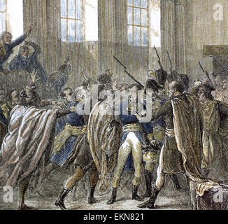 Napoleon Bonaparte (1769-1821) in the Council of Five Hundred, the lower house of the legislature of France during the Directory (1795-1799). French Revolution. Engraving. Colored. Stock Photo