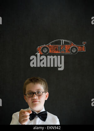 Education needs you thinking boy business man with Nascar racing fan car Stock Photo
