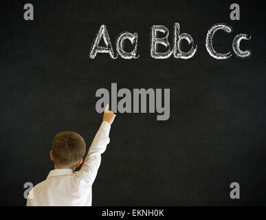 Hand up answer boy business man with learn English language alphabet Stock Photo