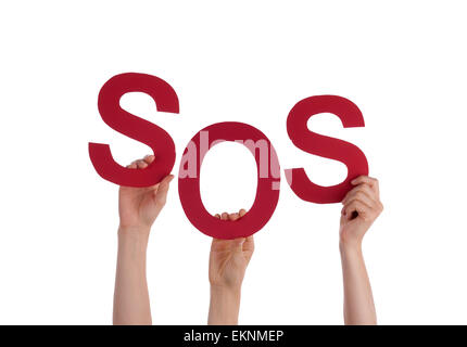 Many Caucasian People And Hands Holding Red Letters Or Characters Building The Isolated English Word Sos On White Background Stock Photo