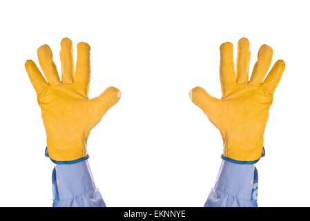 Construction Engineer Wearing Yellow Leather Protective Gloves Giving Up with Hands Raised in the Air, isolated on white Stock Photo