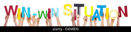 Many Caucasian People And Hands Holding Colorful  Letters Or Characters Building The Isolated English Word Win Win Situation On Stock Photo