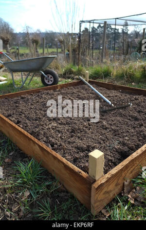 DIY raised beds, made from timber gravel boards, being constructed on an allotment Stock Photo