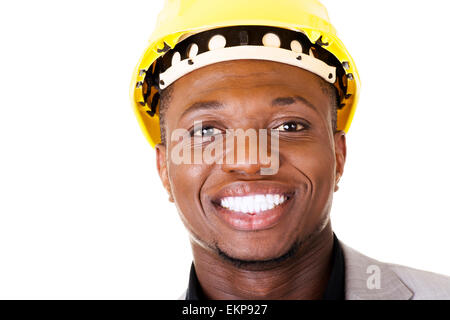 Happy successful businesman in helmet. Stock Photo