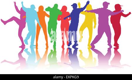 Happy people silhouettes dancing together illustration Stock Vector