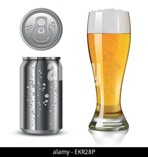 Silver can and beer glass isolated on white. Vector illustration Stock Vector