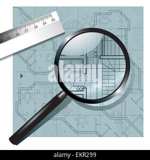 Architectural project under a magnifying glass. Vector illustration Stock Vector