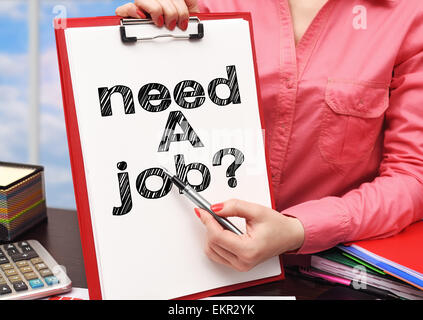 woman showing drawing need a job on clipboard Stock Photo