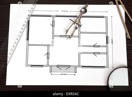 paper with blueprint on the desktop engineer Stock Photo