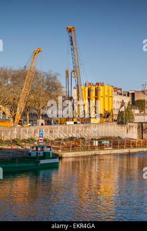 Mobile cement silos at a construction site in Nantes, Loire Atlantique, France. Stock Photo
