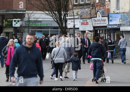 Bury, UK. 11th April, 2015. Labour Shadow Chancellor Ed Balls and James Frith , Labour candidate for Bury North , at a campaign stop at The Rock shopping centre , Bury in Greater Manchester , UK . The pair met parents and discussed family finances . Credit:  Joel Goodman/Alamy Live News Stock Photo