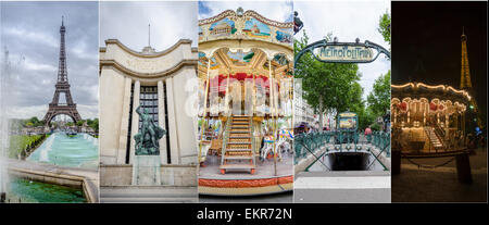 Collage of images from Paris, suitable for page header: Eiffel Tower, Statue of Hercules, Carousel, Metro Entrance, Carousel Stock Photo