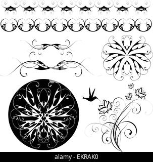 set of monochrome flowery patterns and ornaments Stock Vector