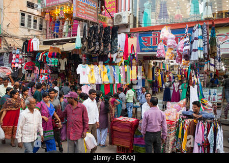 Clothes and retail shops on Dashaswmedh Ghat Road in Varanasi Stock Photo