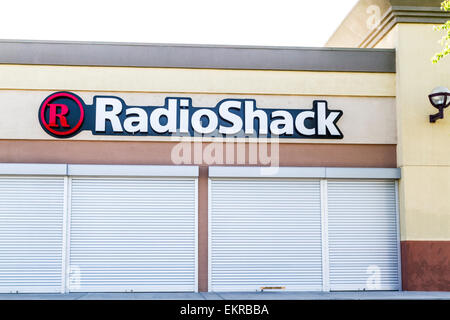 A closed and sealed up Radio Shack store in Modesto California after the company filed for bankruptcy in February 2015 Stock Photo