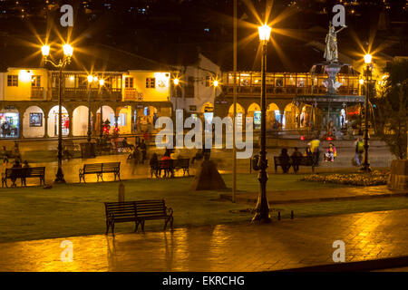 Peru, Cusco.  Plaza de Armas at Night. Stock Photo