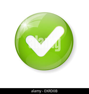 Green tick check mark button isolated on white background with copy ...