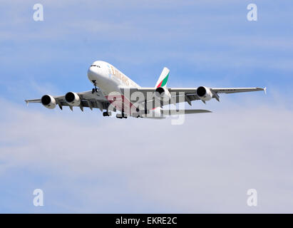 An Emirates Airbus A-380 in flight. Stock Photo