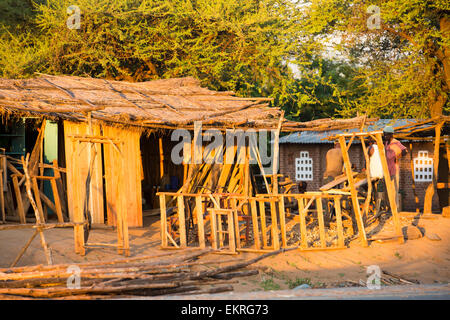 A carpentry stall at an African market on the roadside in Ckiwawa, Malawi, Africa. Stock Photo