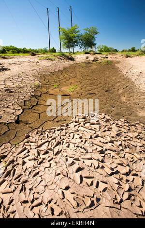 Mud cracks in dried up flood sediment lying on former farmland following the catastrophic 2015 Malawi floods near Bangula, Malawi, Africa. Stock Photo