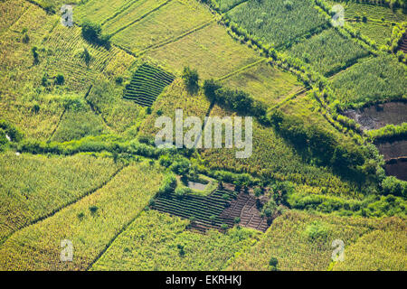 Looking down on deforested forest slopes from the air, being replaced by farmland for subsistence agriculture in Malawi. The country is suffering rapid deforestation, to provide both land for farming, and for making charcoal, the main cooking fule in Malawi. Stock Photo