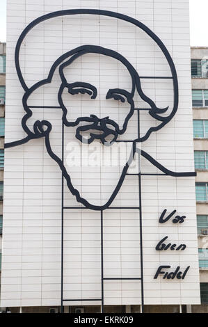 Camilo Cienfuegos,Fidel Castro's right-hand man and confident during the revolution, is outlined in iron on the front façade Stock Photo