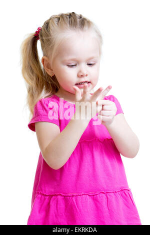 child girl counting on fingers of her hands Stock Photo