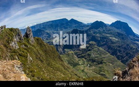 Cirque de Mafate taken from Le Maïdo on French overseas department of Reunion Island in the Indian Ocean. Stock Photo