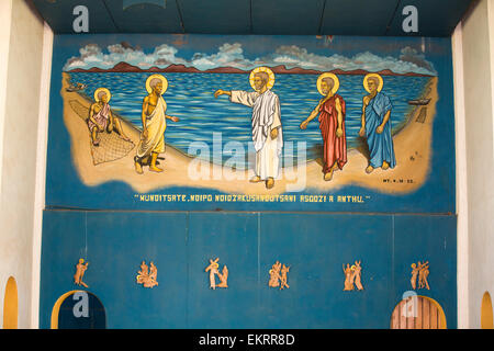 A mural in the church at the Nankhunda seminary school, which provides a catholic education for boys from the local community, on the Zomba Plateau, Malawi. Stock Photo