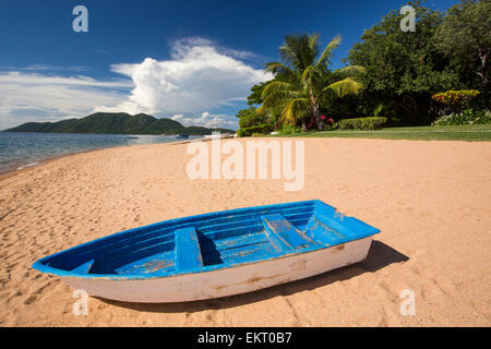 A boat on a beach at Cape Maclear on the shores of Lake Malawi, Malawi ...