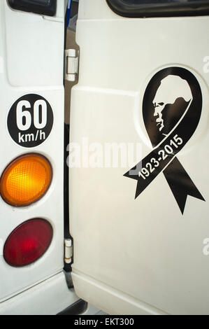 Singapore. 14th April 2015. Car stickers pay tribute to first Prime Minister of Singapore Lee Kwan Yew who is considered the founder of the state of Singapore who died March 23 Stock Photo