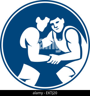 Icon illustration of wrestlers wrestling set inside circle on isolated background done in retro style. Stock Photo