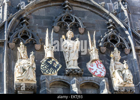 Prague Old Town Bridge Tower, statues, Left Emperor Charles IV., St. Vitus and Wenceslas IV, son of Charles IV, Prague, Czech Republic, Europe Stock Photo